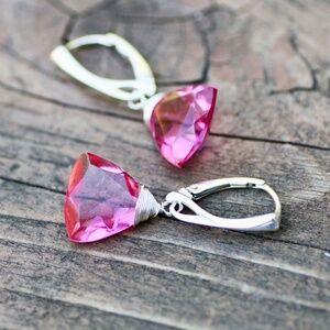 New Handmade Trillion Pink Tourmaline Earrings, Sterling Silver Hinged Dangles